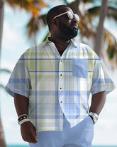 Men's Big & Tall Classic Plaid Print Blue Short Sleeve Shirt Trousers Set